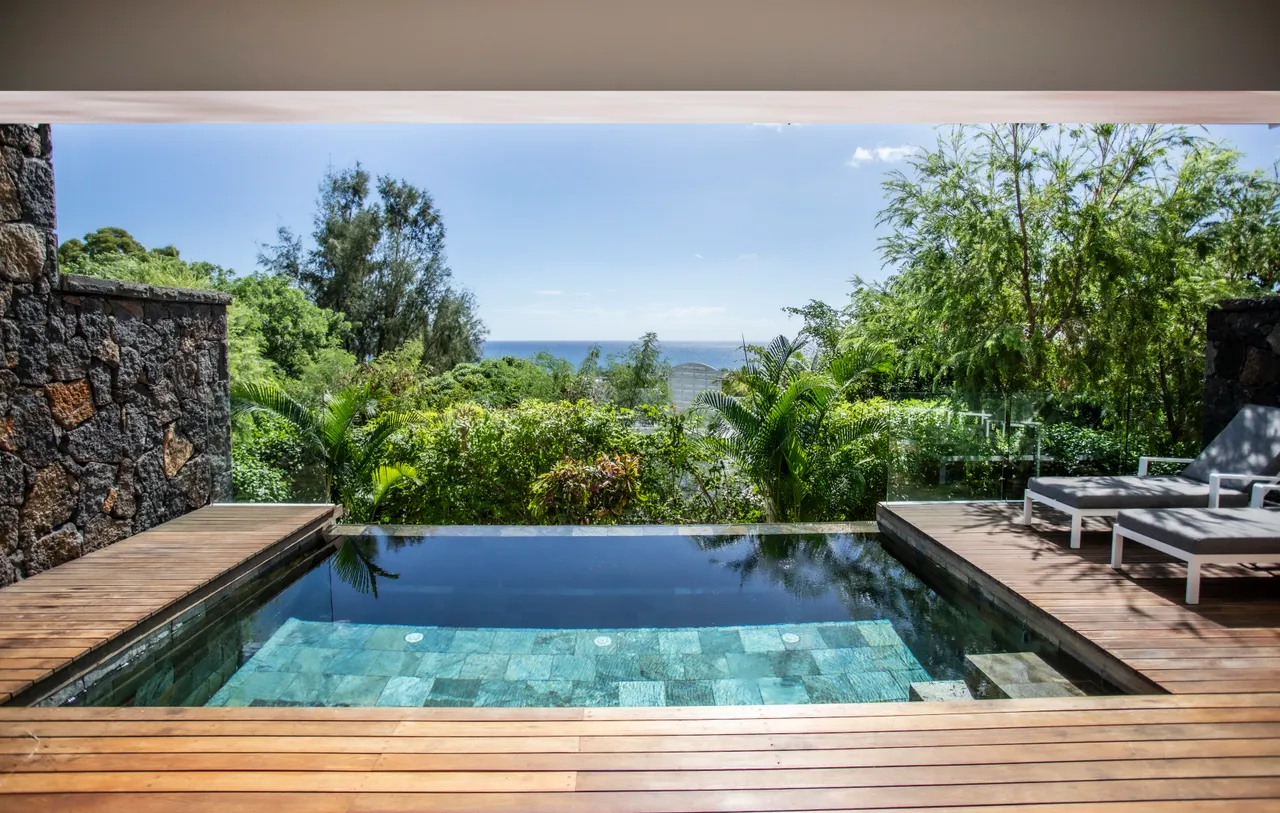 Piscine à débordement avec vue sur la mer et le jardin environnant. Terrasse en bois à proximité.