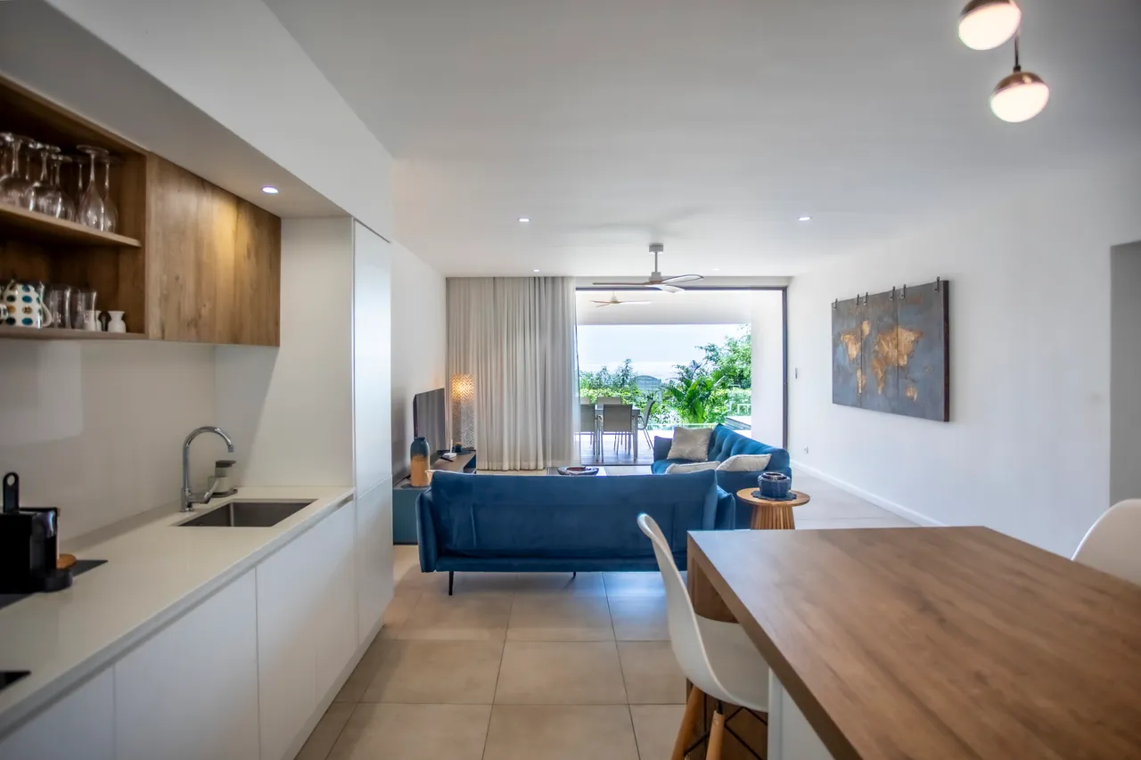 Espace de vie ouvert avec cuisine équipée et vue sur la mer. Fauteuils confortables et lumière naturelle.