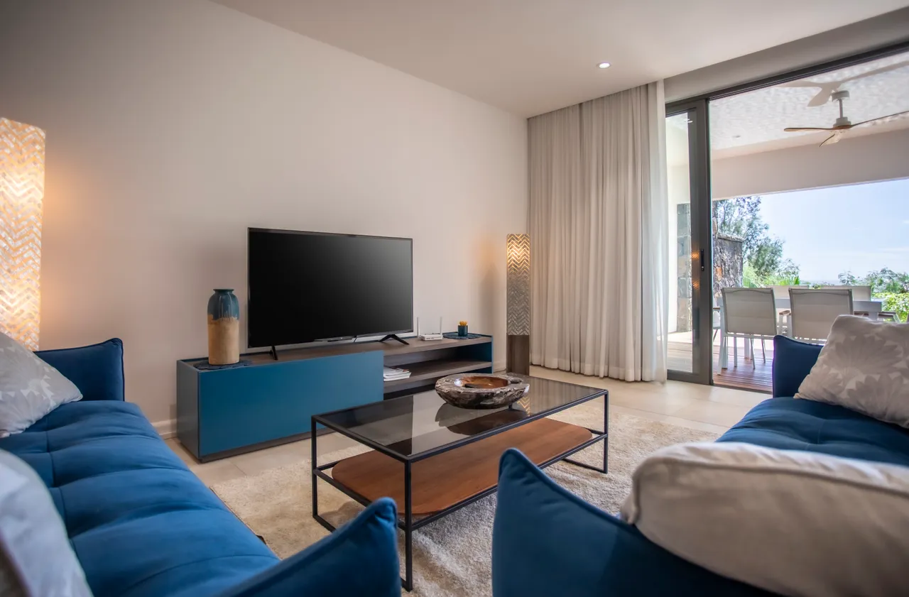 Salon avec canapés en velours et télévision. Accès à la terrasse extérieure.