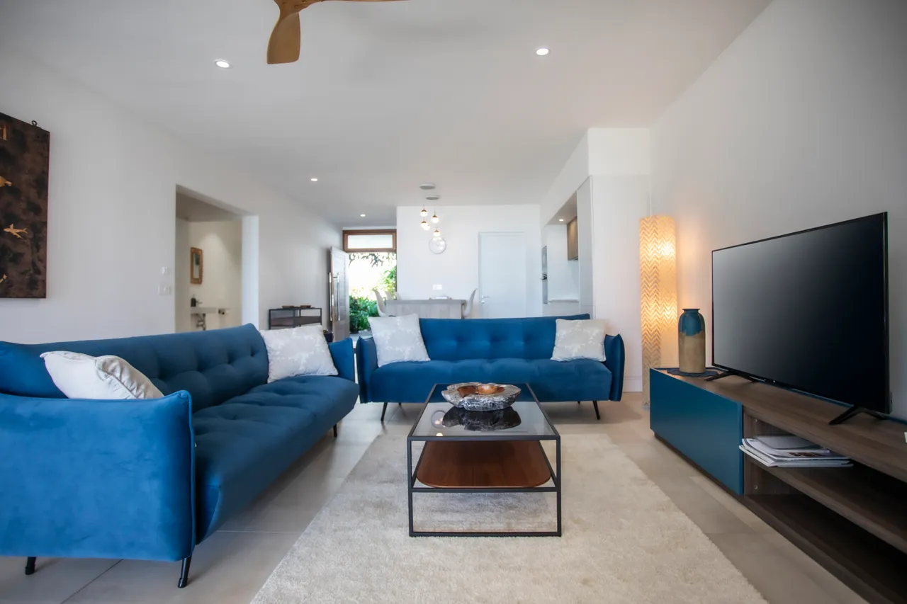 Espace de vie avec canapés en velours et télévision. Accès direct à la piscine.