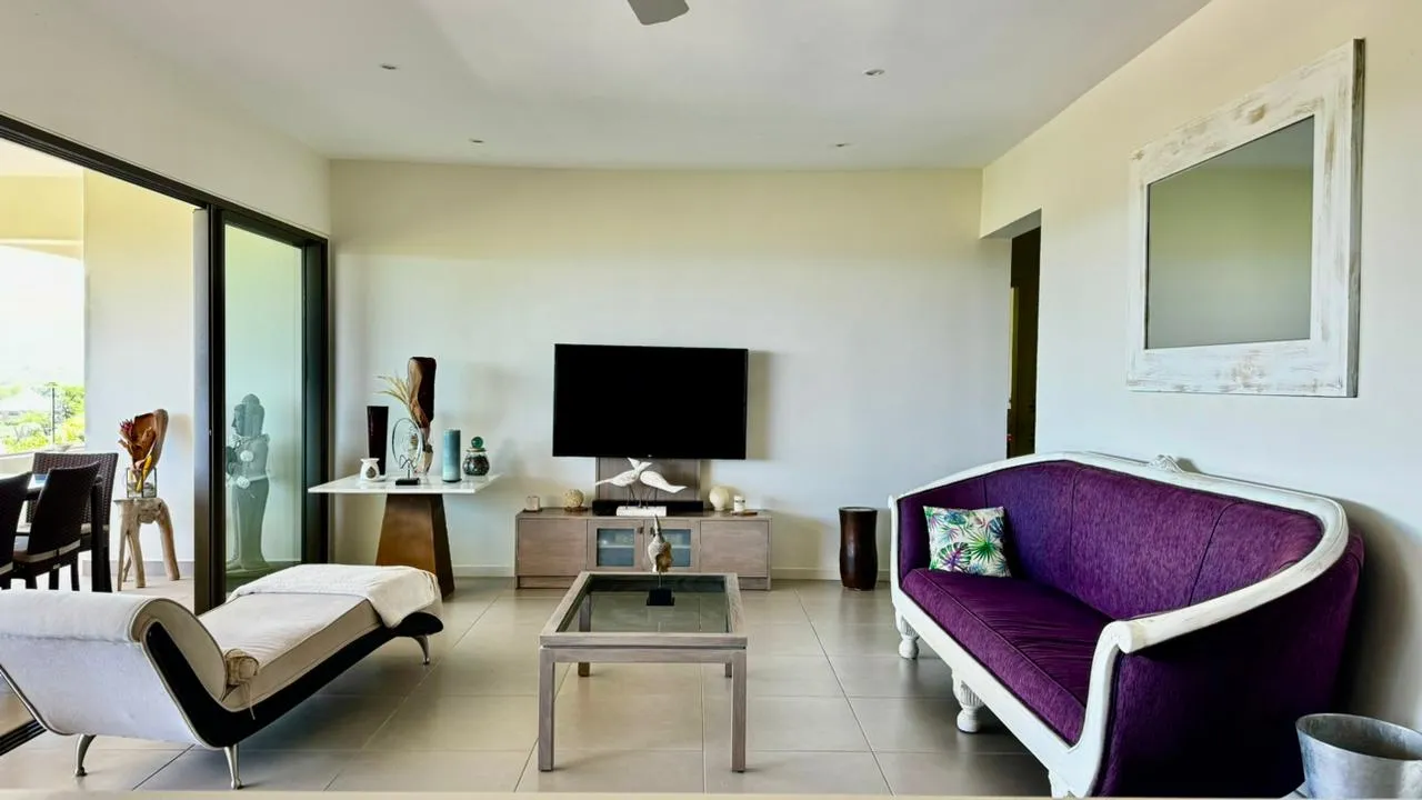 Espace de vie avec canapé violet et télévision murale.
