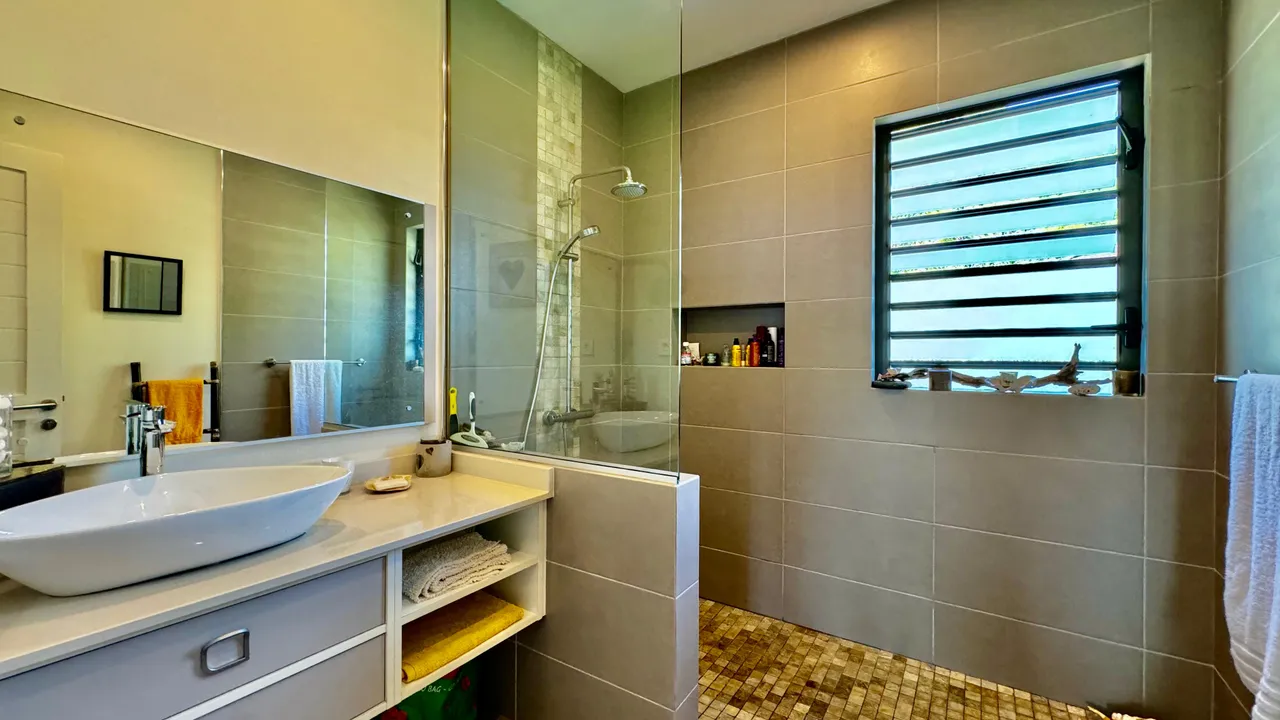 Salle de bain avec douche à l'italienne et rangement sous vasque. Éclairage naturel par fenêtre.