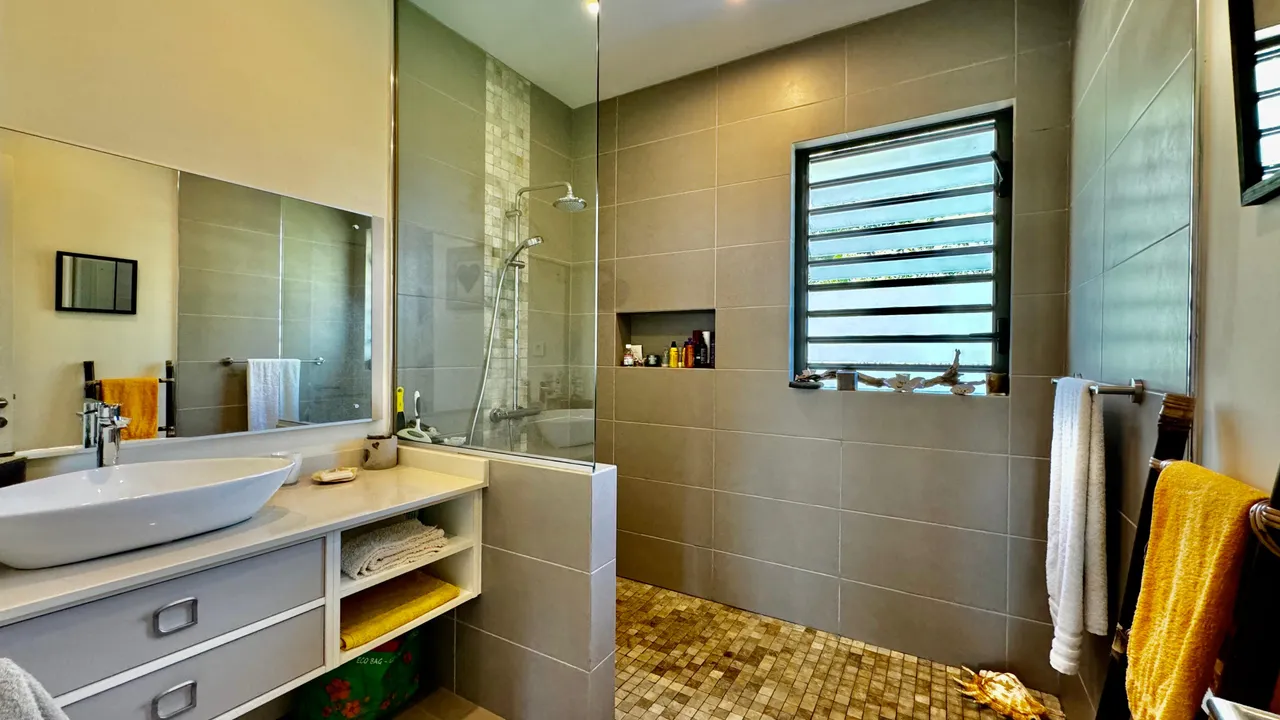 Salle de bain avec douche à l'italienne et fenêtre laissant entrer la lumière naturelle. Meuble de rangement intégré sous le lavabo.