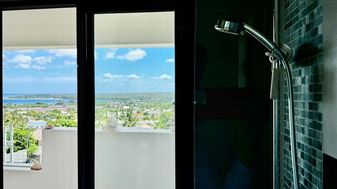 Salle de bain avec douche à l'italienne et vue panoramique sur la mer.