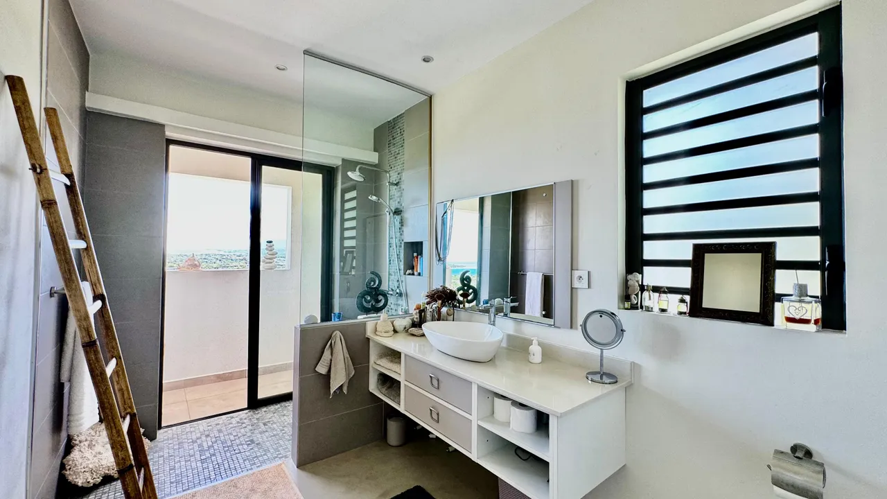 Salle de bain avec grande fenêtre offrant une vue sur l'extérieur. Éclairage naturel et vasque contemporaine.