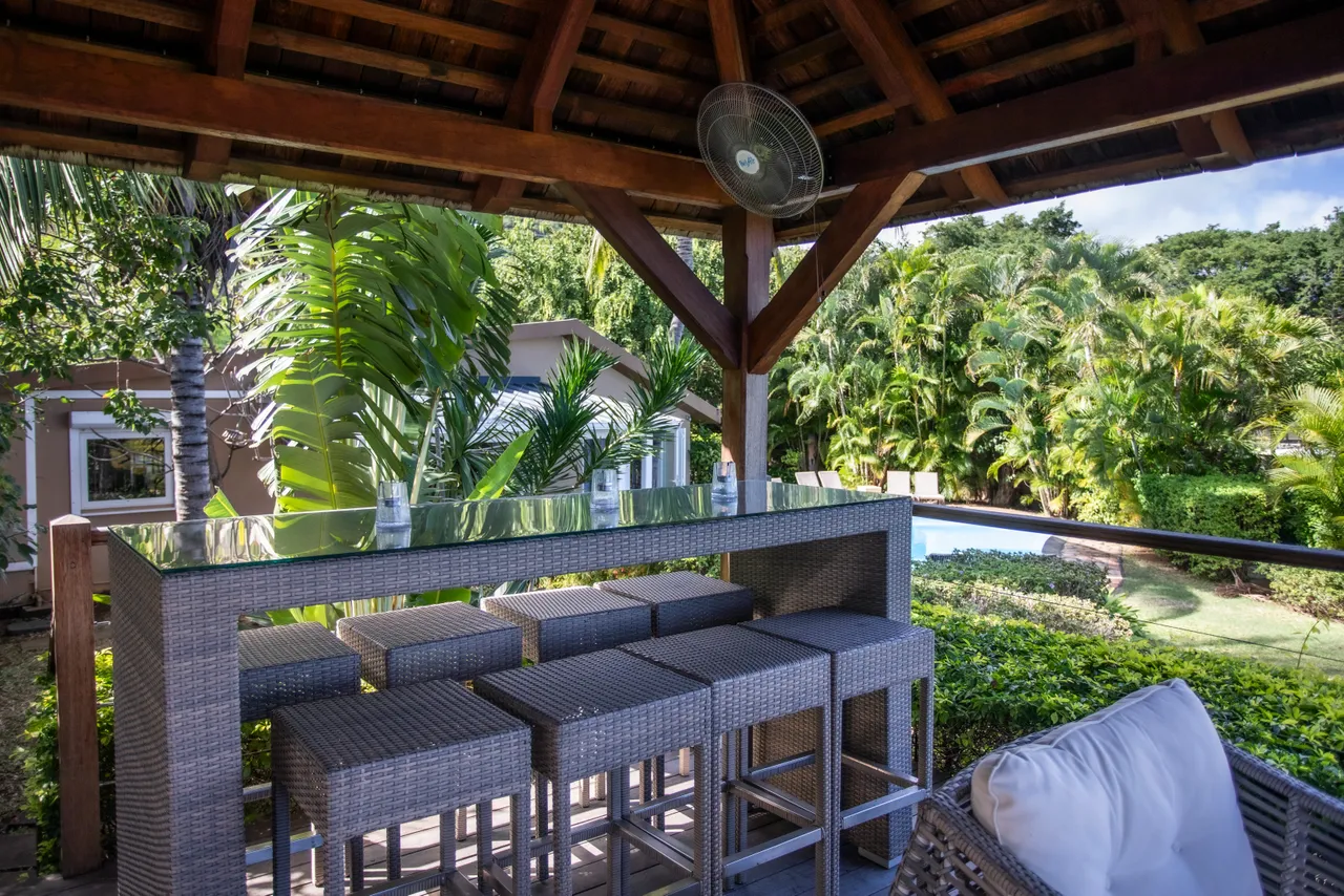 Espace bar en plein air avec mobilier en rotin et vue sur la piscine.  
Le toit en bois procure de l'ombre tout en permettant une bonne circulation d'air.  
Coin convivial avec plusieurs sièges autour de la table.  
Végétation luxuriante ajoute une touche naturelle à cet espace extérieur.  
Ambiance agréable propice à la détente et aux échanges.