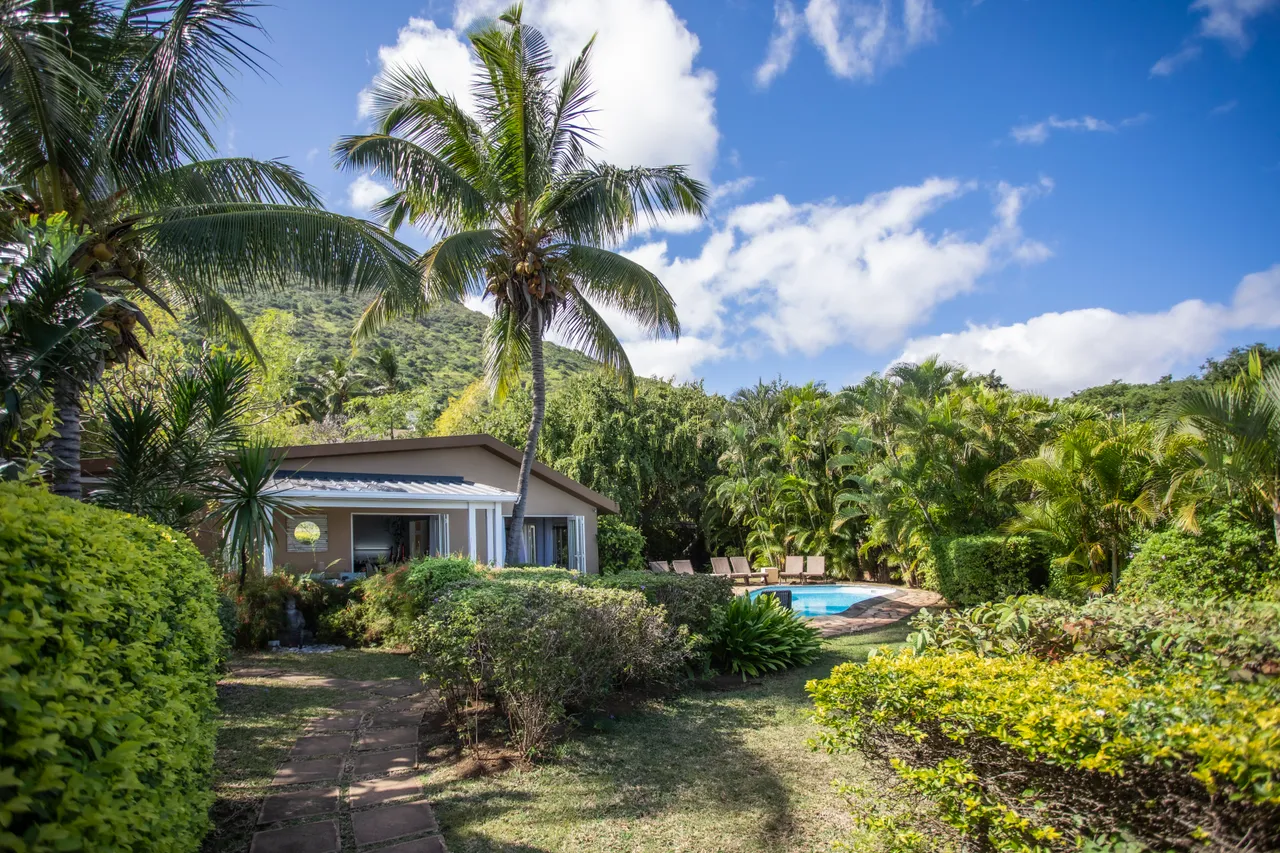 Villa entourée de verdure avec piscine accessible depuis le jardin.  
Les palmiers complètent le paysage tropical de l'extérieur.  
L'espace extérieur est bien entretenu et propice à la détente.  
Vue dégagée sur la piscine depuis le jardin fleuri.  
Sentiers en pierre créent un accès direct à la villa.