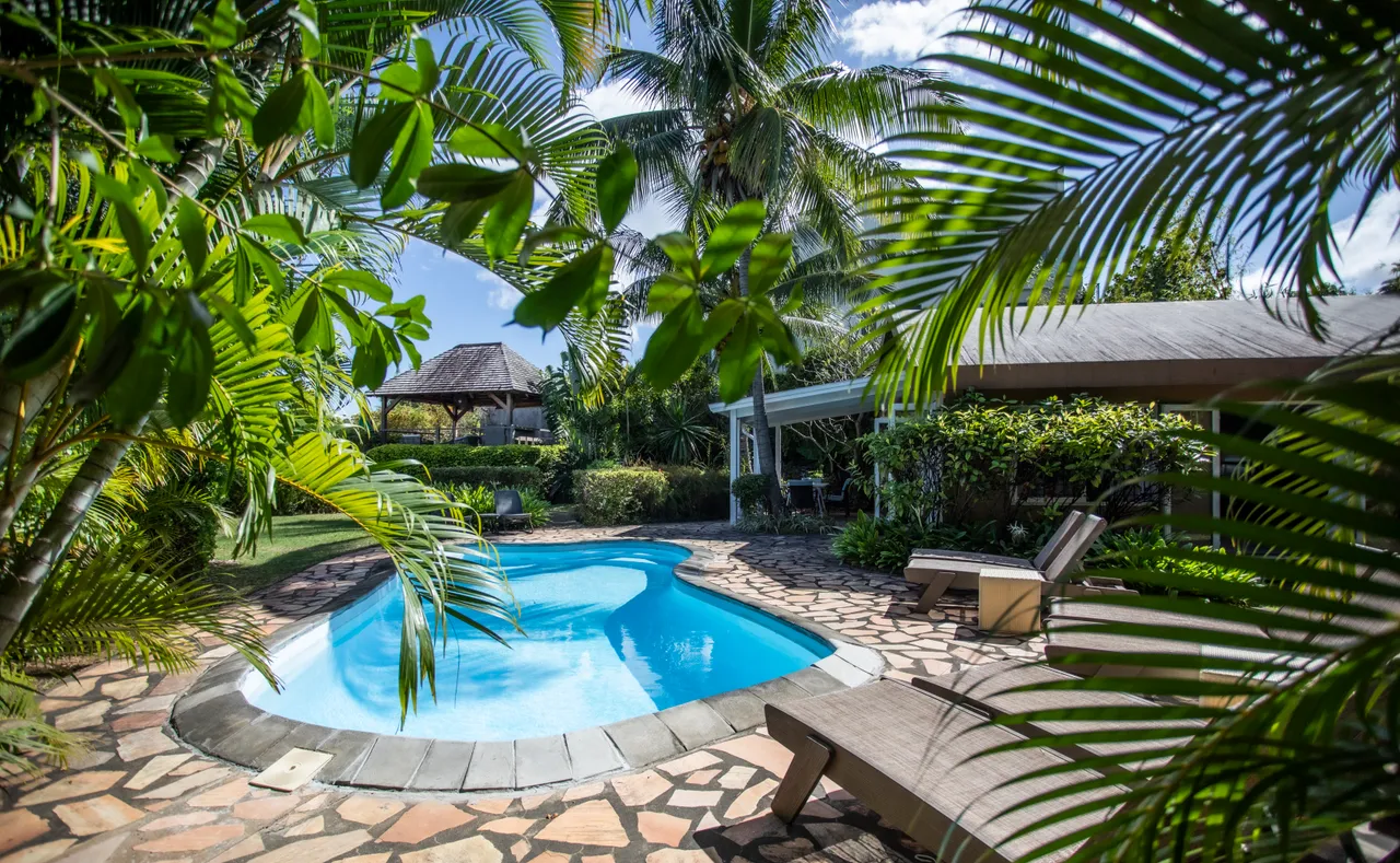 Espace de la galerie offrant une vue sur la piscine et le jardin.  
Les chaises longues sont disposées autour de la piscine pour se détendre.  
Le gazebo en bois procure de l'ombre à proximité de la piscine.  
Végétation tropicale encadre l'espace, créant un cadre naturel apaisant.  
L'accès direct à la piscine facilite les moments de loisirs