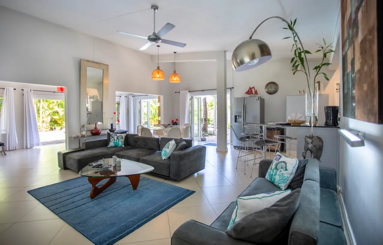 L'espace de vie offre une configuration ouverte et lumineuse.  
Des baies vitrées permettent un accès direct à l'extérieur.  
Le mobilier inclut un canapé spacieux et des chaises contemporaines.  
Les éléments de décoration soulignent une ambiance accueillante et moderne.  
Un plafond élevé renforce la sensation d'espace dans la galerie.  
La cuisine adjacente est équipée pour une