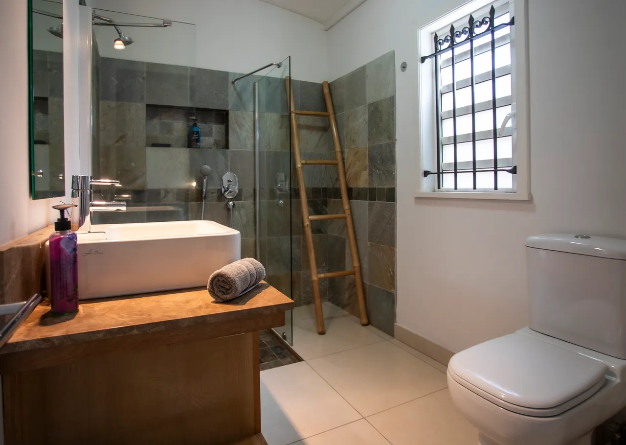 Salle de bain avec douche à l'italienne et vasque moderne en bois.  
Miroir éclairé au-dessus du lavabo pour un éclairage fonctionnel.  
Étagères en bois offrent un espace de rangement pratique.  
Fenêtre avec grille laissant entrer la lumière et permettant l'aération.  
Sol carrelé clair contribue à une ambiance lumineuse et spacieuse.