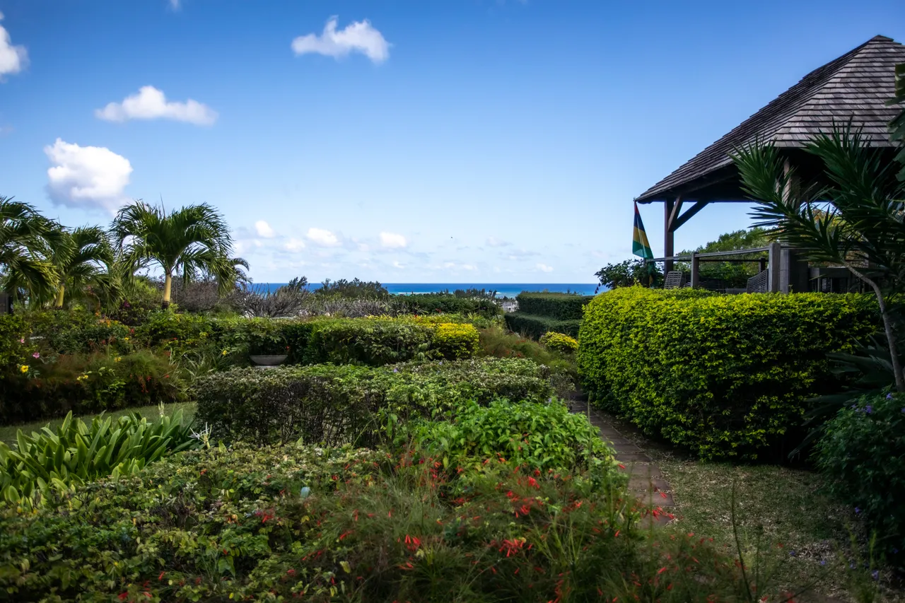 Végétation verdoyante entourant la villa offre une vue apaisante sur la mer.  
Allée pavée menant à la villa avec une agréable vue sur le paysage.  
Terrasse en bois ombragée, idéale pour profiter de l'extérieur.  
Palmiers ajoutent une touche tropicale au jardin paysager.  
Espace extérieur bien entretenu avec des fleurs color