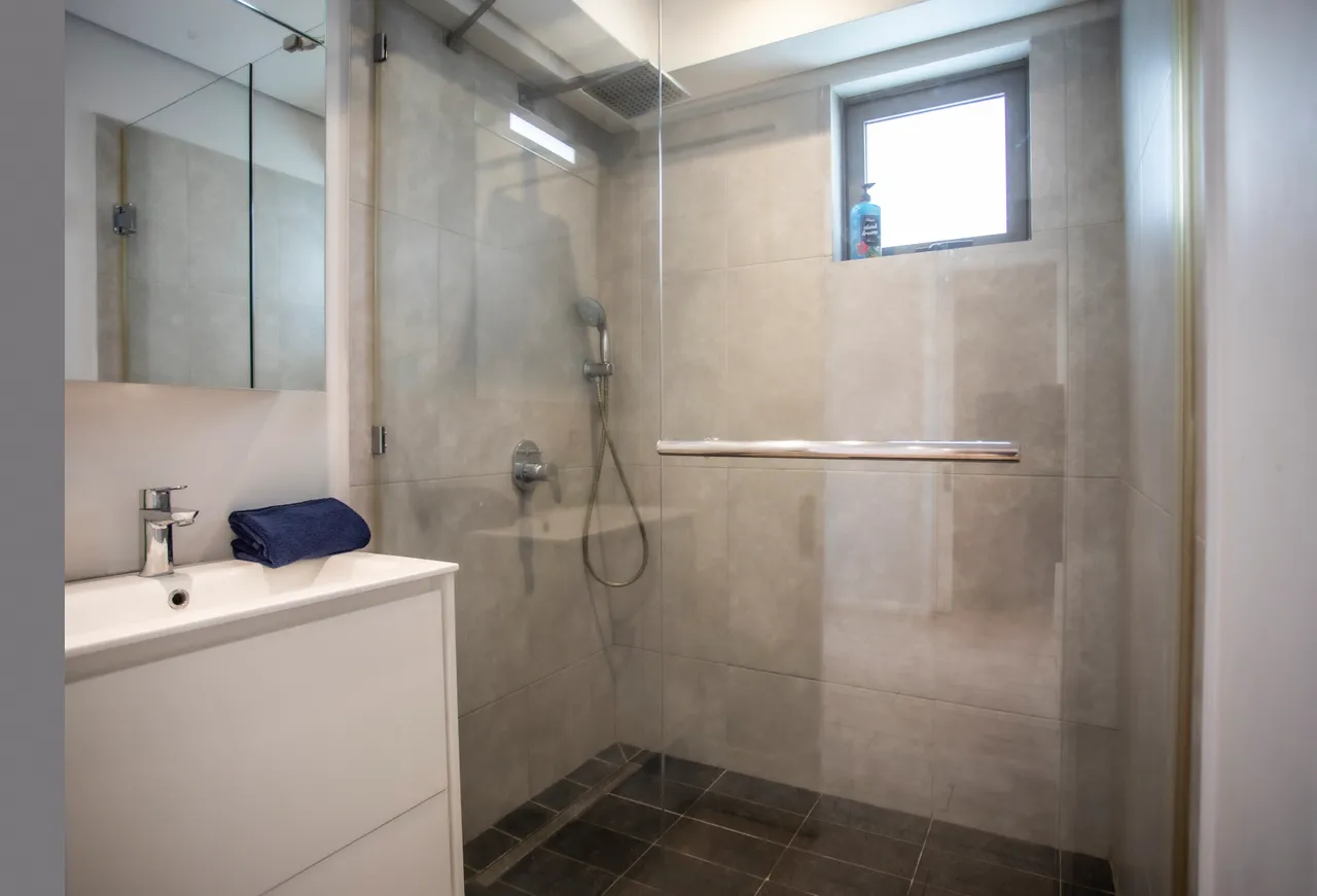 Salle de bains moderne avec douche spacieuse et luminosité naturelle.