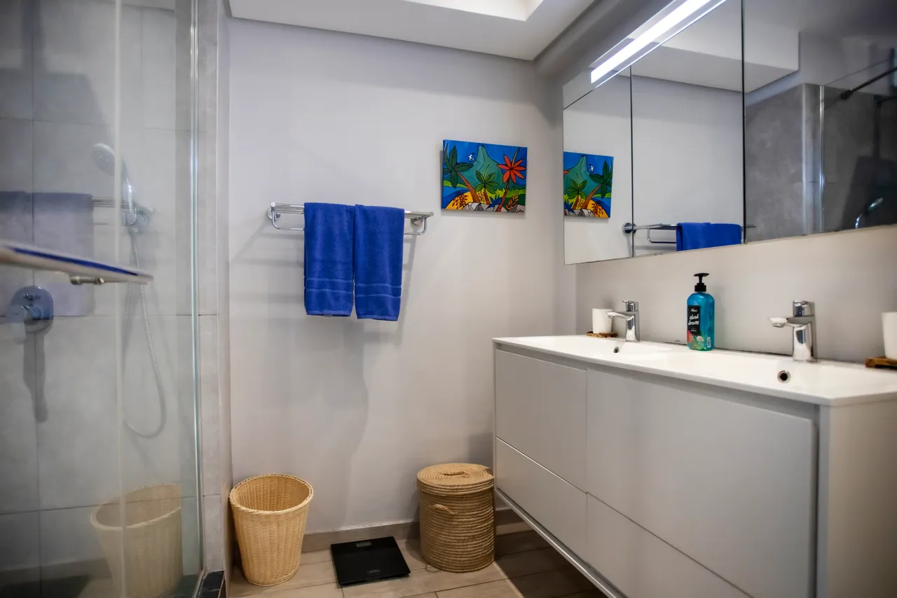 Salle de bains moderne avec double vasque et douche spacieuse.