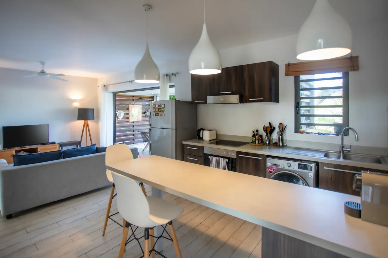Appartement spacieux avec cuisine moderne et lumineux salon accueillant.