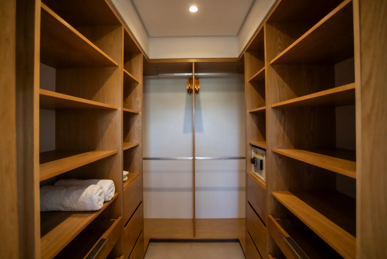 Espace de rangement spacieux avec étagères en bois et penderie intégrée.