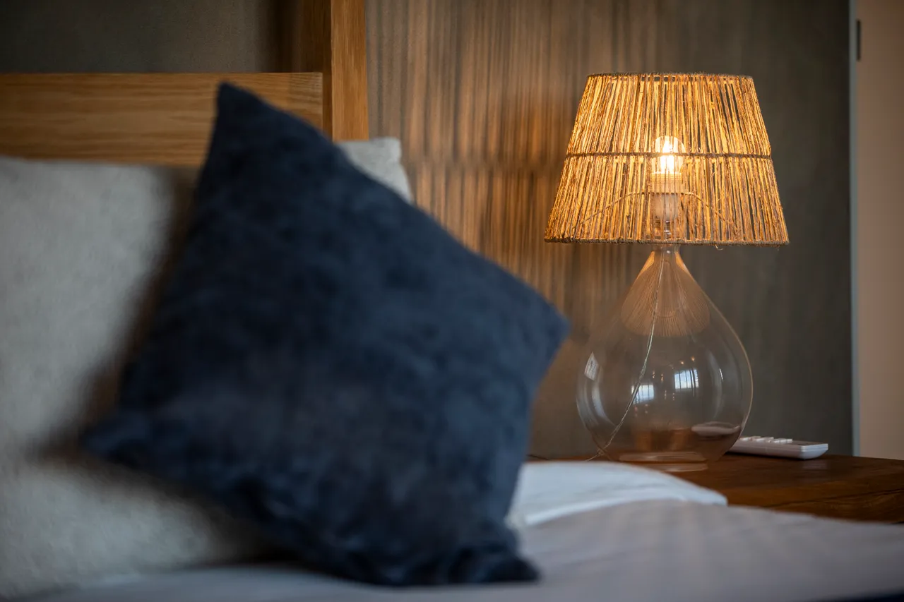 Tons neutres et textures douces créant une ambiance apaisante. 

Luminaires en verre ajoutant une touche moderne à la décoration. 

Coussins en velours apportant confort et style au lit. 

Tables de chevet en bois offrant un espace de rangement pratique. 

Fenêtres laissant entrer la lumière naturelle et offrant une vue dégagée.