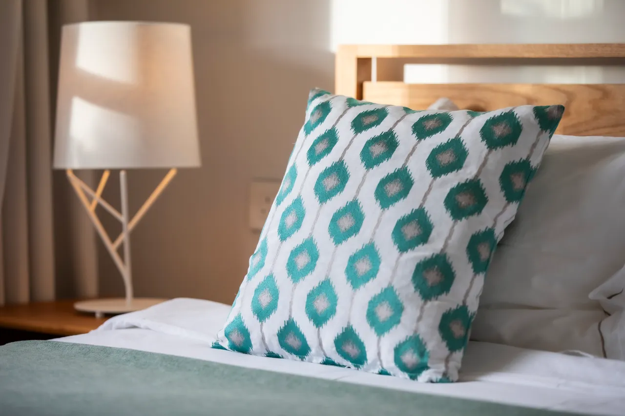 Chambre avec un coussin décoratif aux motifs géométriques. 

Lampe de chevet moderne apportant une lumière douce à l'espace. 

Literie en ton neutre créant une atmosphère relaxante. 

Mobilier en bois naturel ajoutant une touche chaleureuse. 

Fenêtre laissant entrer la lumière du jour pour une ambiance lumineuse.