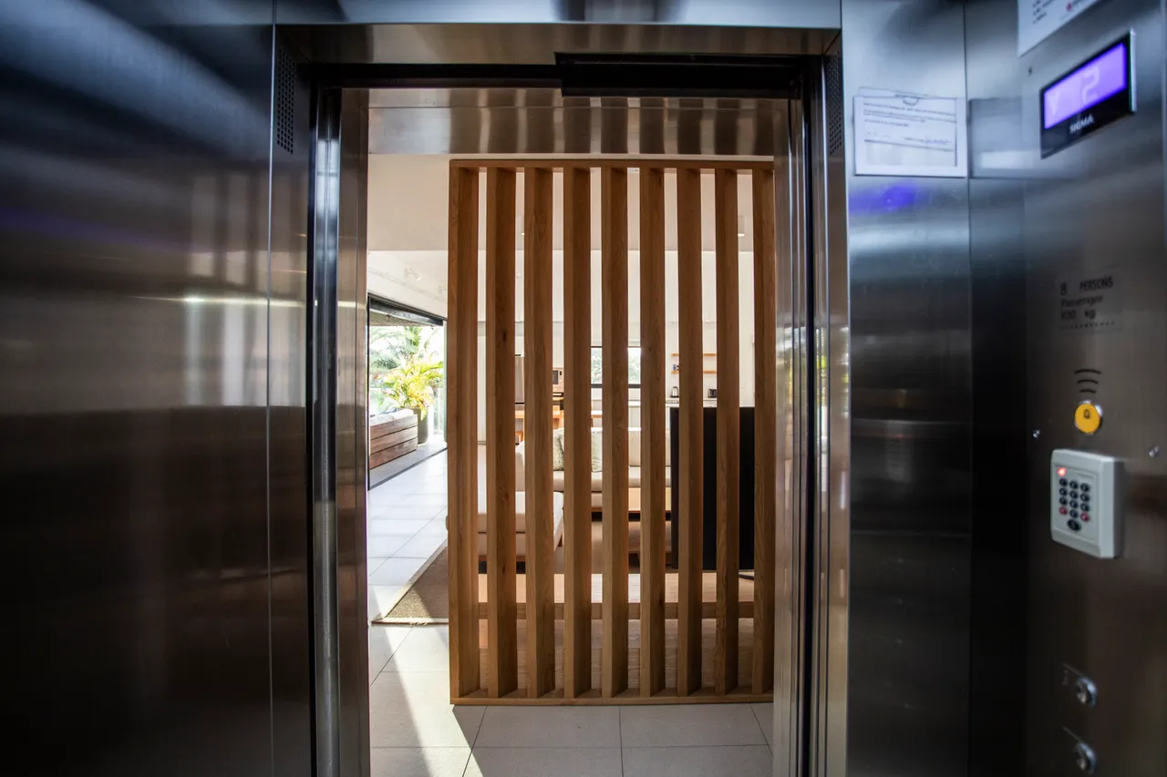 Entrée spacieuse de l'ascenseur menant à l'espace de vie lumineux. 

Séparation en bois créant une transition entre l'ascenseur et le salon. 

Lumière naturelle filtrée à travers les baies vitrées adjacentes. 

Accès direct à la zone de vie confortable et moderne. 

Décor soigné offrant une première impression accueillante.