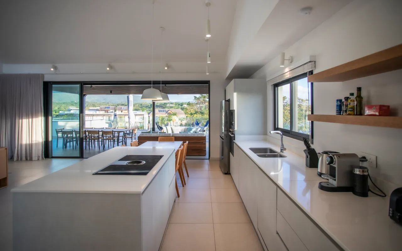 Cuisine ouverte avec un îlot central et des rangements modernes. 

Baies vitrées offrant une vue dégagée sur l'extérieur. 

Mobilier en bois clair ajoutant une touche de chaleur à l'espace. 

Électroménagers en inox intégrés pour un agencement épuré. 

Éclairage intégré créant une ambiance lumineuse et fonctionnelle.