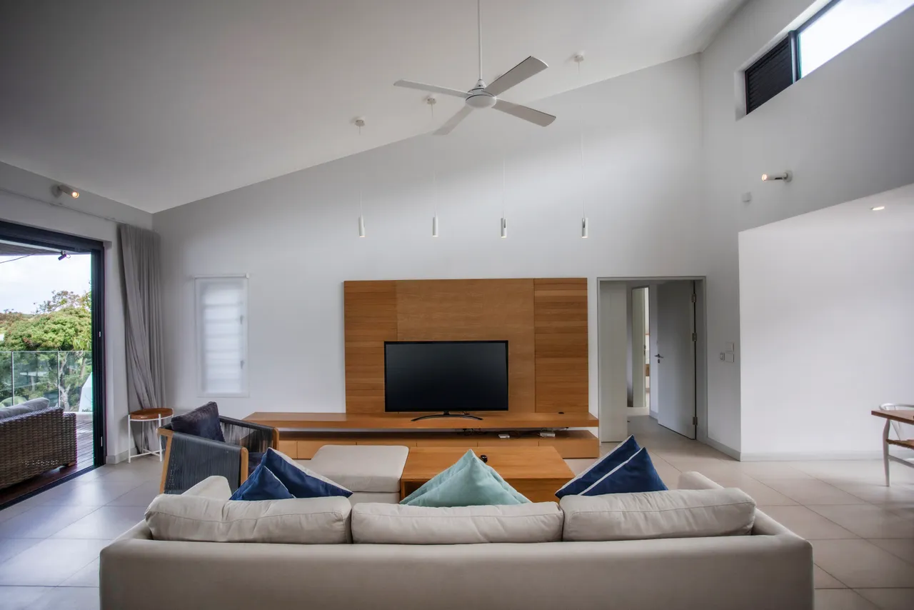 Espace de vie ouvert avec un coin salon et télévision intégrée.  
Plafond haut créant une atmosphère spacieuse et aérée.  
Grandes baies vitrées permettant un accès direct à l’extérieur.  
Mobilier moderne en bois clair ajoutant une touche de chaleur.  
Lumière naturelle abondante grâce à l'agencement des fenêtres.