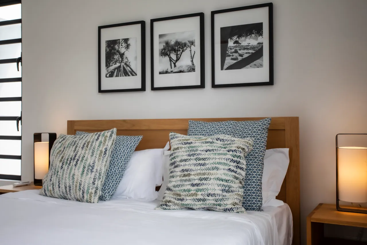 Chambre avec lit king-size et oreillers texturés pour un confort optimal.  
Photographies en noir et blanc décorant les murs au-dessus du lit.  
Lampes de chevet modernes apportant une lumière douce.  
Fenêtres laissant entrer la lumière et offrant une vue dégagée.  
Espace de rangement discret et fonctionnel pour un séjour organisé.
