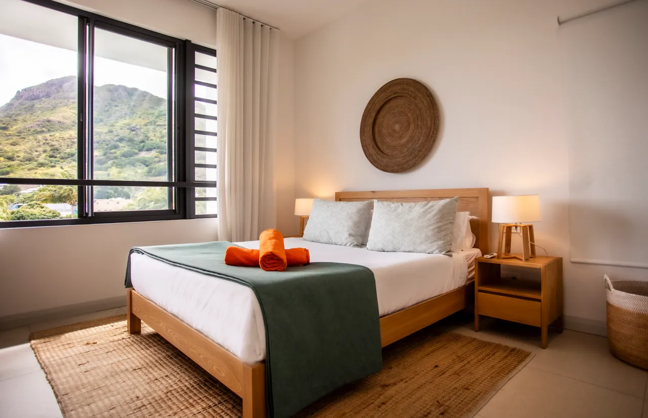 Chambre baignée de lumière naturelle grâce à une grande fenêtre.  
Lit queen-size avec linge de lit coordonné pour une présentation soignée.  
Tapis en jute apportant une texture chaleureuse au sol.  
Éclairage doux des lampes de chevet créant une atmosphère relaxante.  
Vue dégagée sur les montagnes depuis la fenêtre.