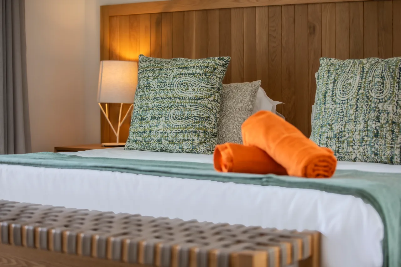 Tons naturels avec oreillers en motifs ajoutant une touche colorée.  
Lit spacieux agrémenté de linge de lit soigné pour un confort optimal.  
Mobilier en bois clair créant une ambiance chaleureuse dans la chambre.  
Lumière douce diffusée par une lampe de chevet près du lit.  
Détails décoratifs ajoutant une note personnelle à l'espace.