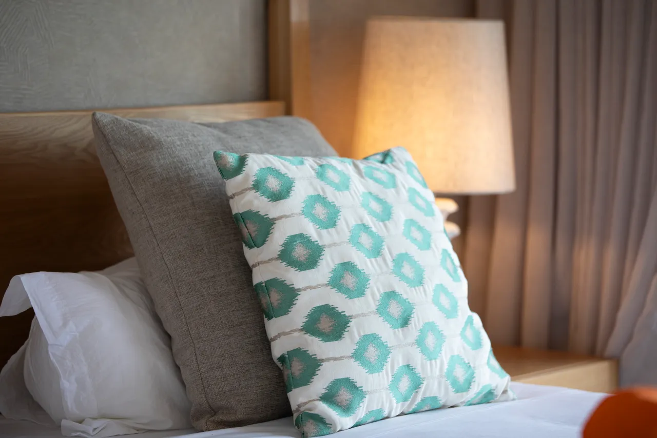 Chambre avec lit spacieux et coussins décoratifs pour un confort visuel.  
Lampe de chevet offrant une lumière douce pour une ambiance chaleureuse.  
Tons neutres dans la décoration créant une atmosphère apaisante.  
Détails textiles variés ajoutant une texture agréable à l'espace.  
Mobilier en bois clair apportant une touche naturelle à la chambre.