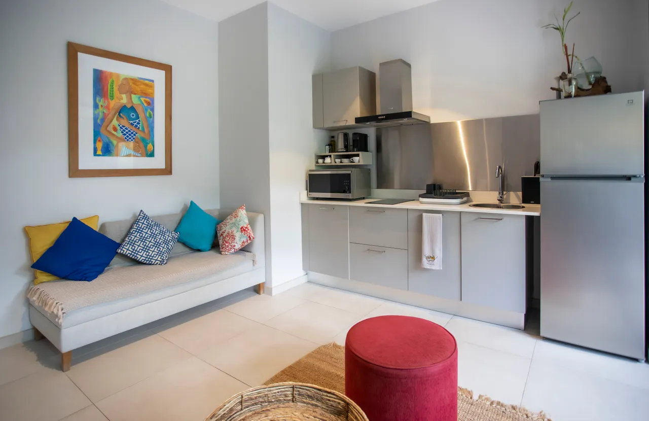 Espace cuisine fonctionnel avec appareils modernes et comptoir intégré.  
Coin salon disposé avec banc confortable et coussins colorés.  
Réfrigérateur et micro-ondes pour un usage pratique au quotidien.  
Éclairage naturel grâce aux fenêtres offrant une vue dégagée.  
Mobilier contemporain optimisant l'espace pour une utilisation pratique.  
Tapis en jute ajoutant une touche de texture