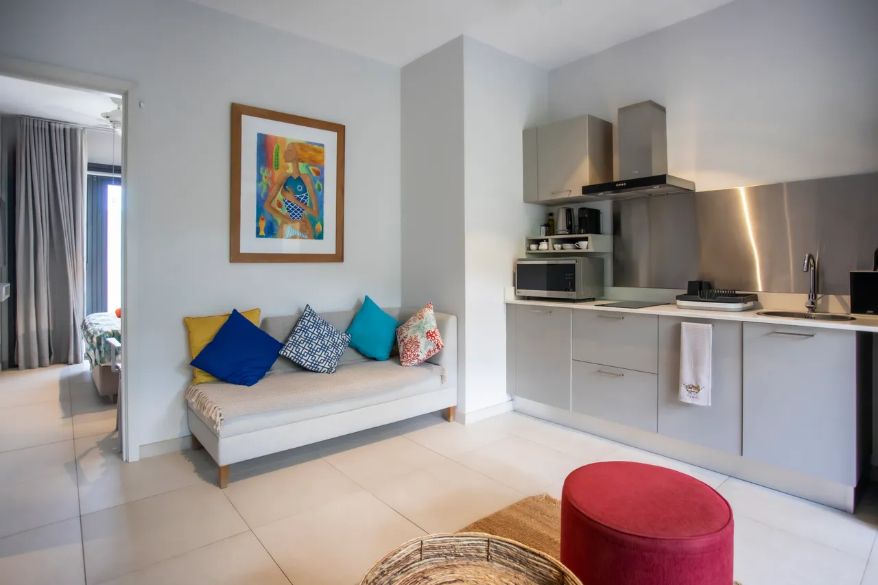 Tons doux et mobilier contemporain dans l'espace de vie.  
Coin salon avec banc décoré de coussins colorés pour le confort.  
Cuisine équipée avec des appareils modernes et plan de travail.  
Accès direct à la chambre depuis l'espace de vie.  
Éclairage naturel grâce aux grandes fenêtres offrant une vue dégagée.  
Tapis en jute ajoutant une texture chaleureuse au