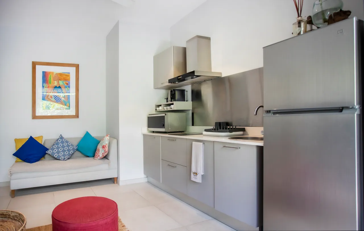 Lumière naturelle entrant par les grandes fenêtres offrant une vue agréable.  
Cuisine moderne avec appareils intégrés et comptoir fonctionnel bien agencé.  
Coin salon avec banc garni de coussins colorés pour le confort.  
Table basse en osier ajoutant une touche naturelle à l'espace.  
Éléments décoratifs muraux apportant de la couleur à l'intérieur.  
R