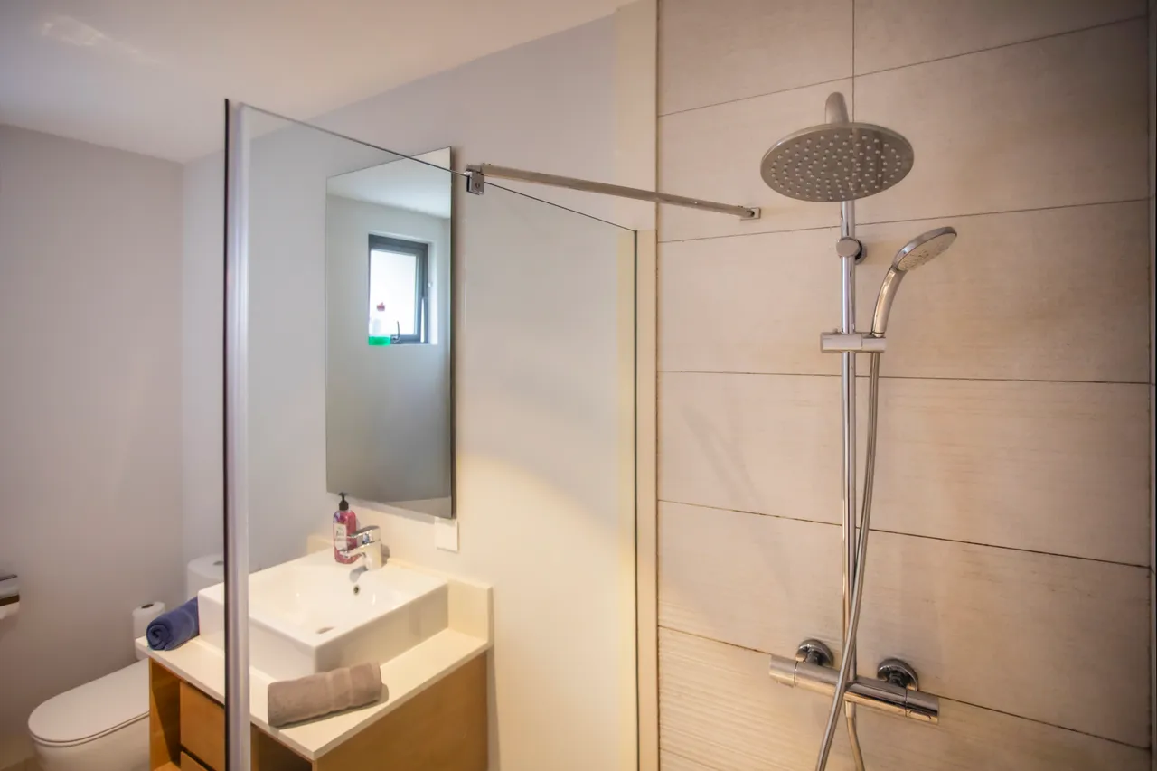Douche spacieuse avec panneaux en verre et carrelage sobre.  
Éclairage fonctionnel placé au-dessus du miroir pour plus de commodité.  
Mobilier en bois intégré offrant un espace de rangement pratique.  
Linge de bain soigneusement disposé sur le meuble sous vasque.  
Système de douche moderne avec robinetterie élégante et pratique.  
Fenêtre discrète