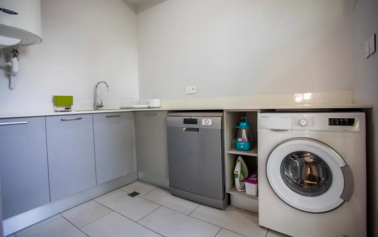Buanderie équipée avec un lave-linge et un lave-vaisselle. Rangements fonctionnels intégrés.