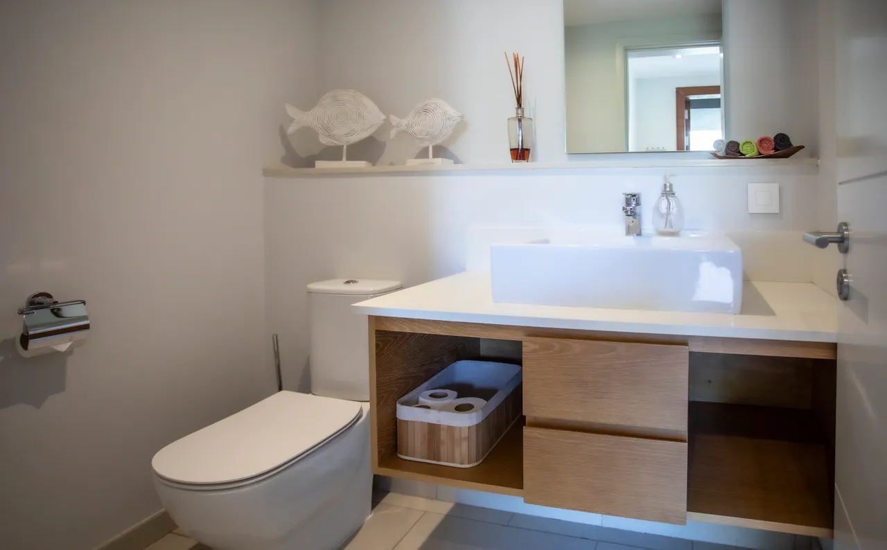 Salle de bain avec meuble en bois et lavabo sur un plan de travail épuré. Espace fonctionnel avec rangement intégré.