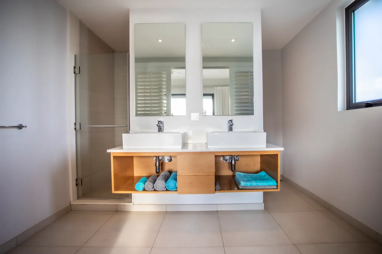 Salle de bain avec double vasque et rangement en bois. Douche séparée en verre.