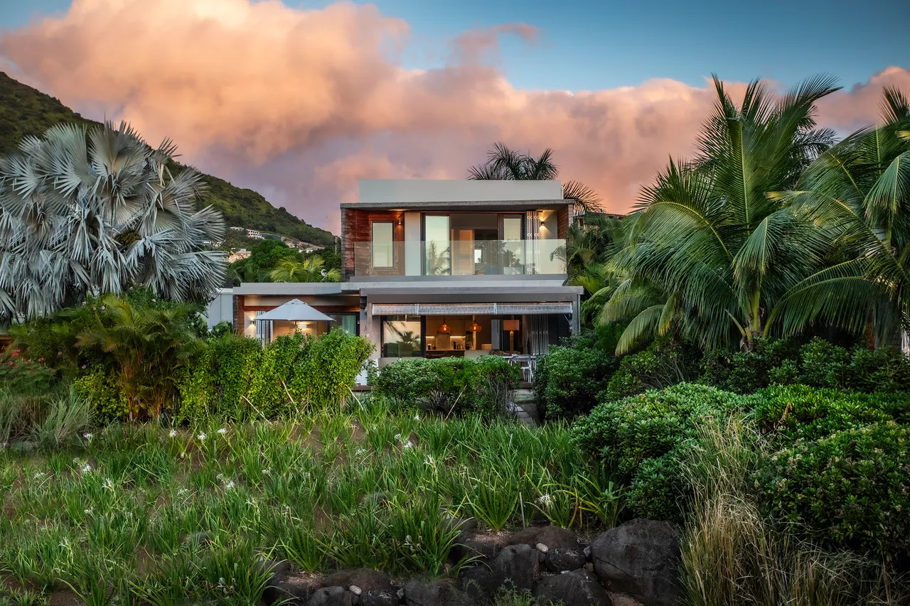 Ouverture sur l'extérieur avec une façade moderne entourée de verdure. Grandes baies vitrées apportent une luminosité naturelle. Terrasse en bois accessible depuis le salon, offrant une vue sur le jardin. Végétation tropicale encadrant l’espace extérieur, créant une ambiance naturelle.