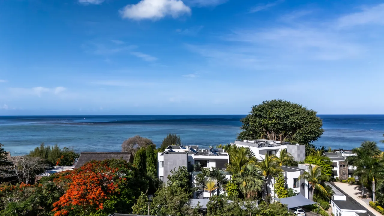 Vue panoramique sur l'océan depuis la galerie, avec végétation luxuriante.