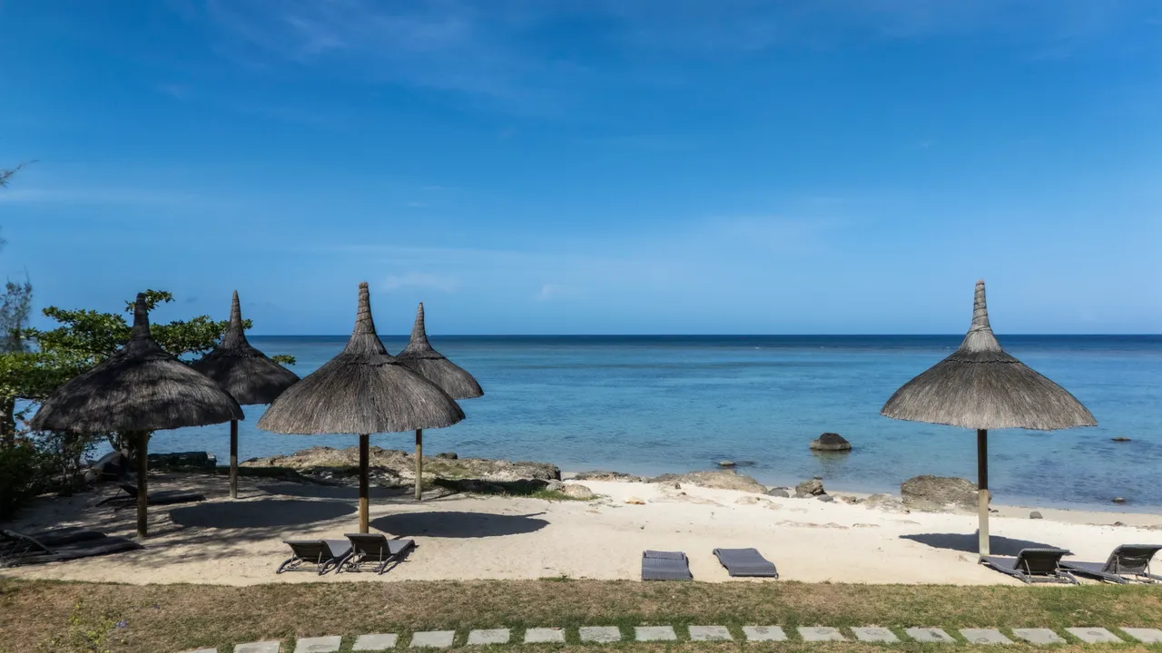 Espace extérieur avec parasols en paille surplombant la mer. Chaises longues disposées sur le sable.
