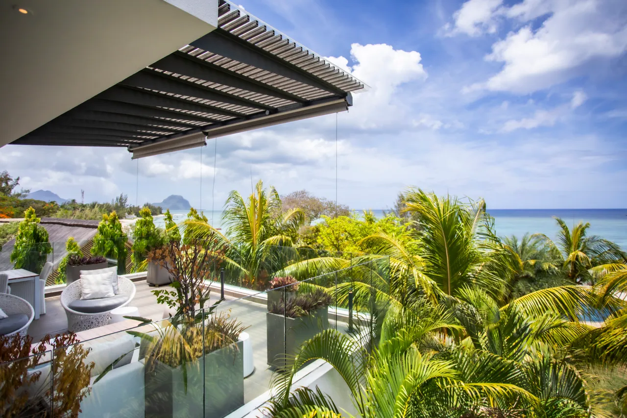 Terrasse spacieuse avec plantes tropicales offrant une vue panoramique sur la mer.