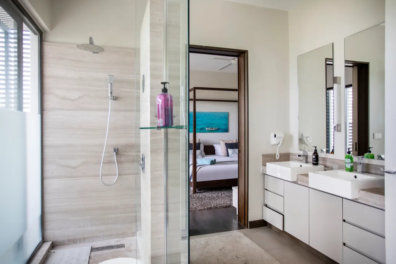 Salle de bain moderne avec douche en verre et double vasque. Éclairage naturel et décoration épurée.