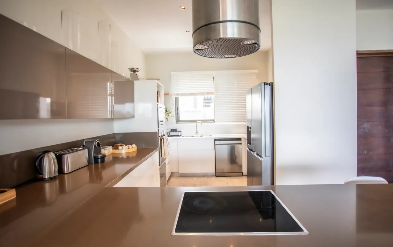 Cuisine équipée avec comptoir en surface lisse et électroménagers modernes. Éclairage naturel bien présent.