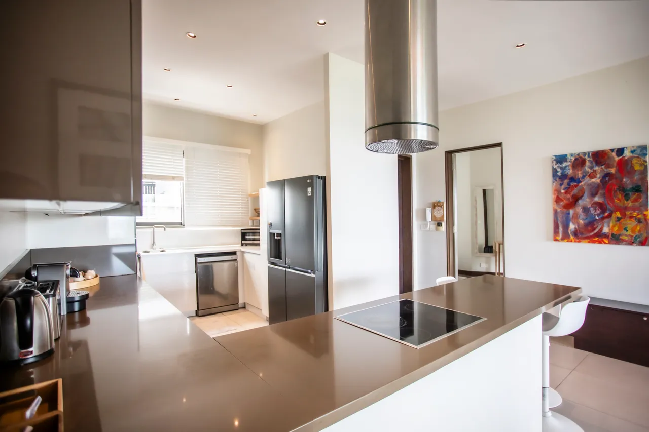 Cuisine ouverte avec îlot central et appareils électroménagers intégrés. Éclairage homogène et surfaces lisses.
