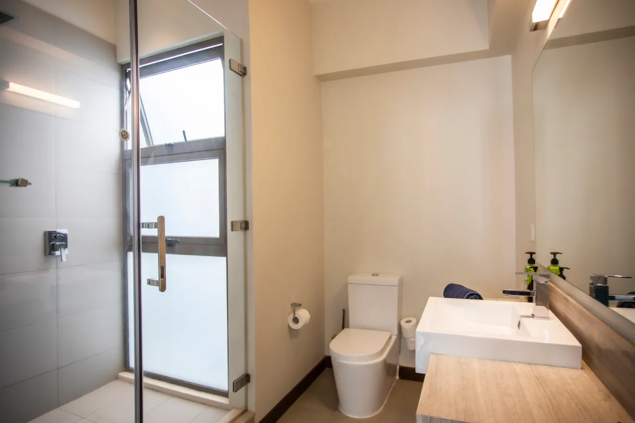 Salle de bain avec douche et paroi en verre. Éclairage moderne et rangement fonctionnel.