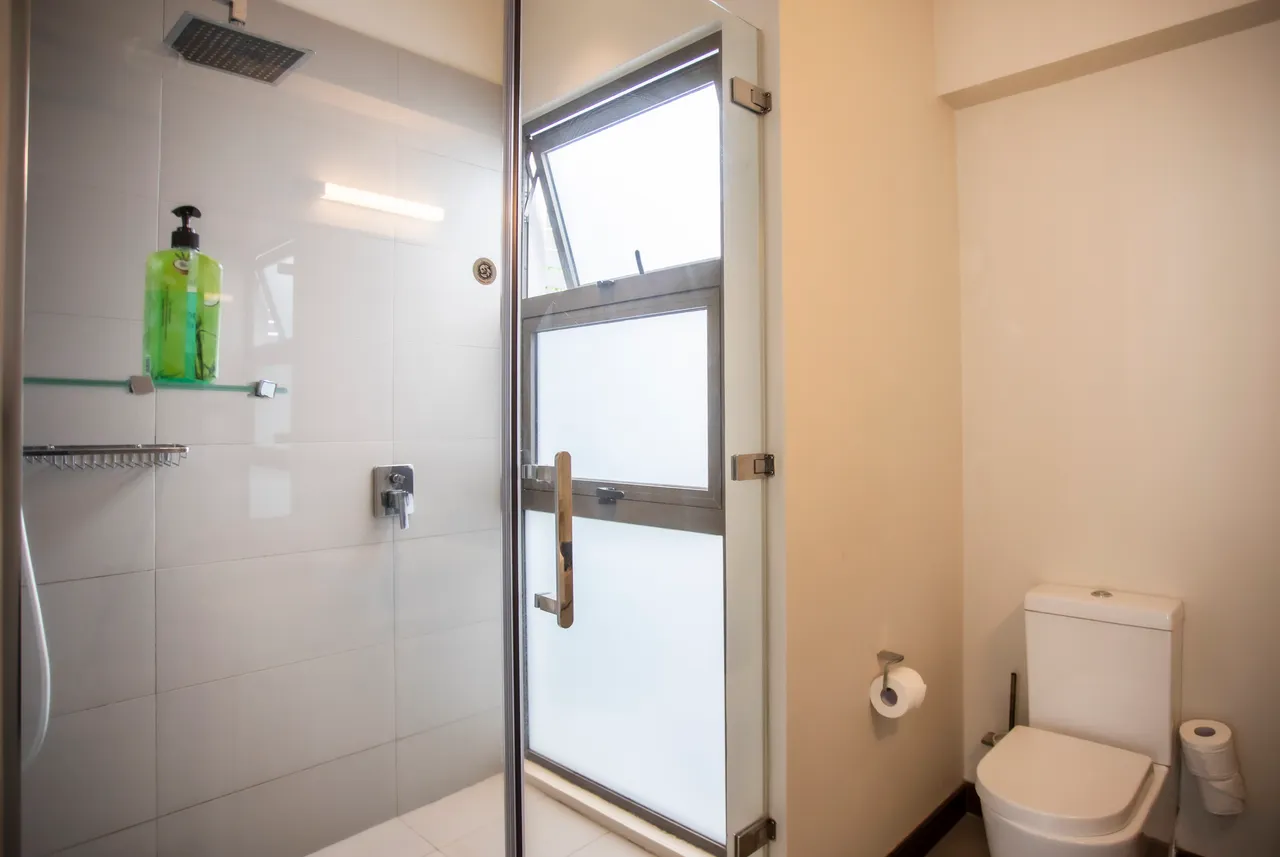 Salle de bain lumineuse avec douche à l'italienne et lavabo simple. Design épuré et rangement discret.