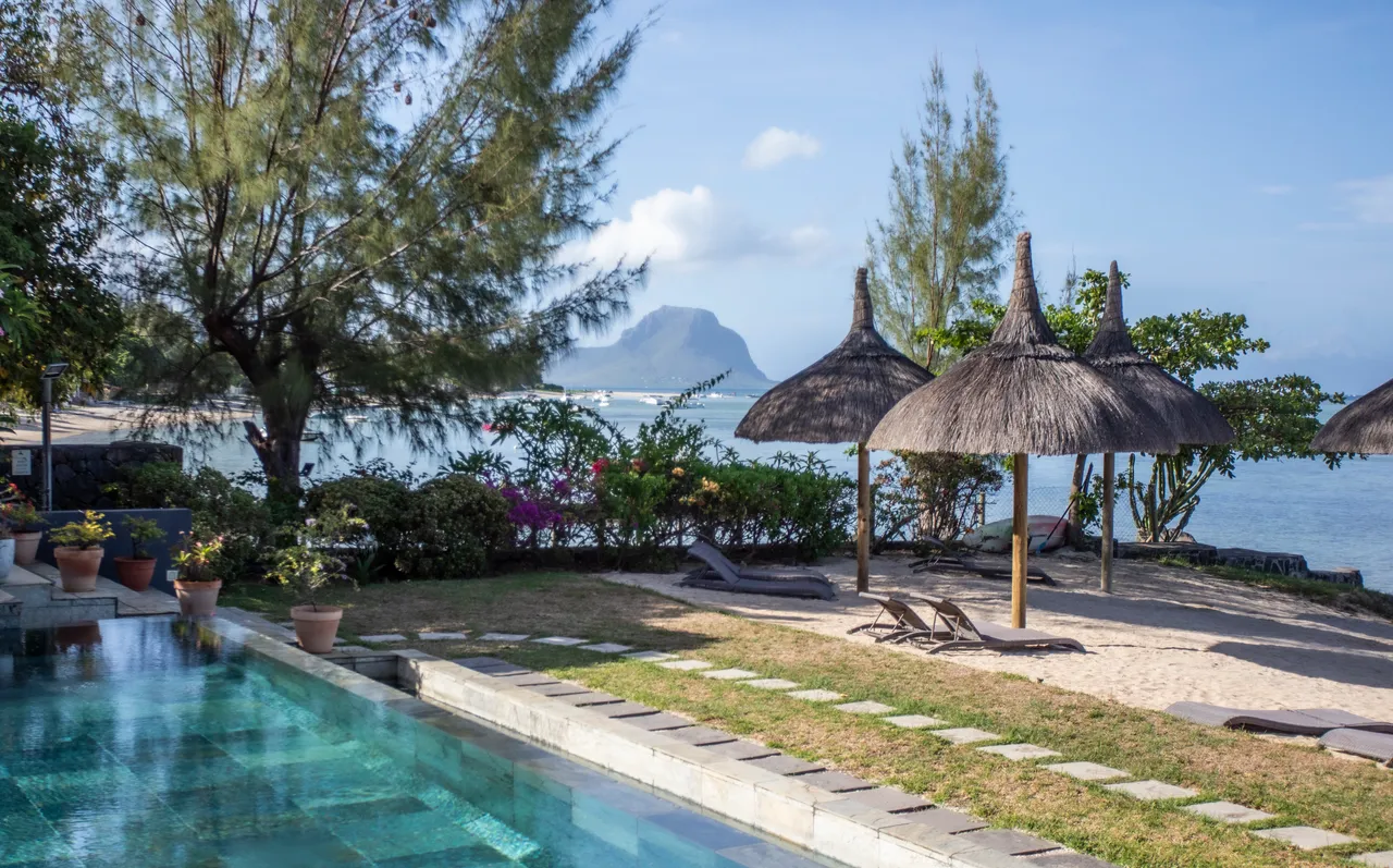 Espace extérieur avec parasols et chaises longues. Vue sur la montagne.