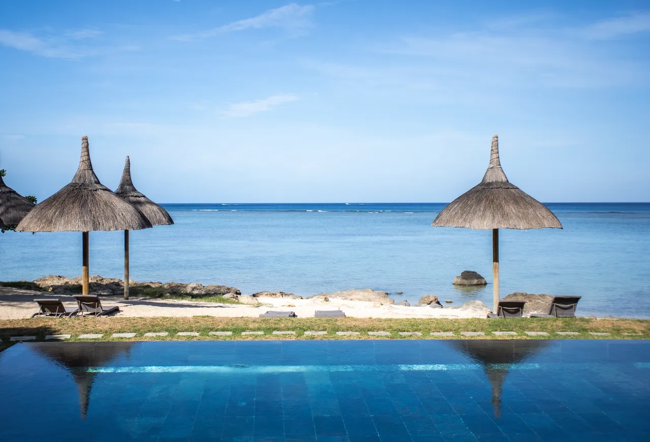 Terrasse avec parasols en chaume surplombant la piscine et la mer.
