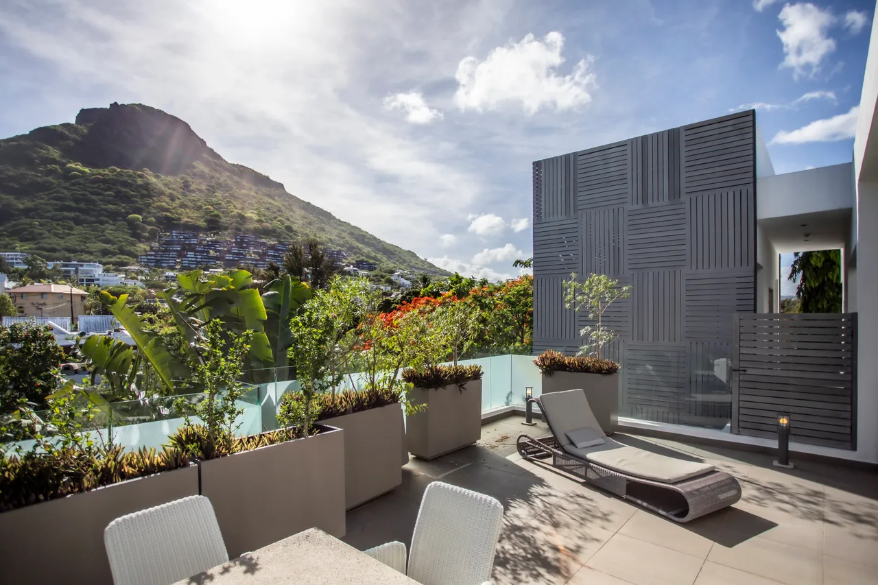 Espace galerie avec plantes en pot et mobilier moderne, vue sur la montagne.