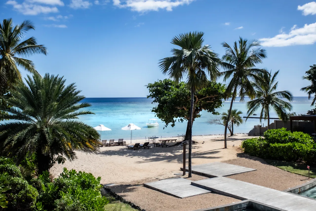 Vue sur la plage avec palmiers et parasols blancs.  

Accès direct à la mer depuis le jardin.  

Espace sableux aménagé pour la détente en plein air.  

Végétation dense offrant de l'intimité à l'extérieur.  

Ambiance paisible avec le bruit des vagues en arrière-plan.