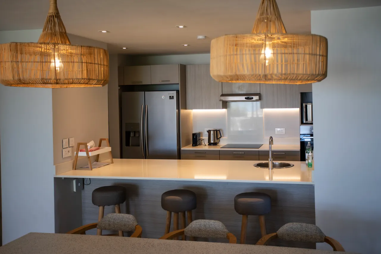 Plan de travail en marbre avec tabourets en bois dans la cuisine.  

Éclairage suspendu en osier apportant une touche naturelle.  

Appareils électroménagers modernes intégrés pour un usage pratique.  

Cuisine ouverte facilitant la circulation entre les espaces.  

Bar de comptoir pour des repas informels et conviviaux.