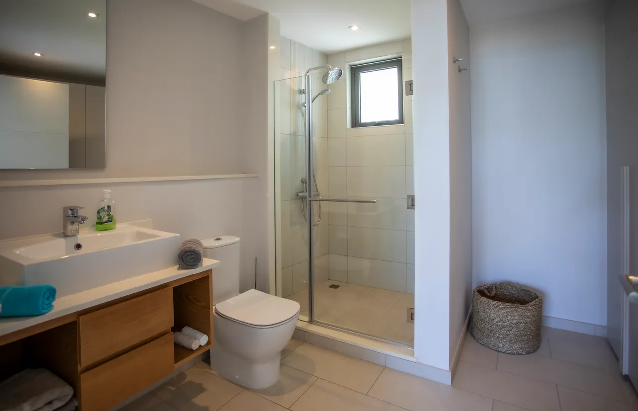 Salle de bain avec douche vitrée et rangement en bois clair.  

Éclairage moderne et surfaces carrelées faciles à entretenir.  

Espace fonctionnel avec plan de travail en bois sous le miroir.  

Fenêtre apportant de la lumière naturelle à la pièce.  

Rangement organisé avec des serviettes et accessoires accessibles.